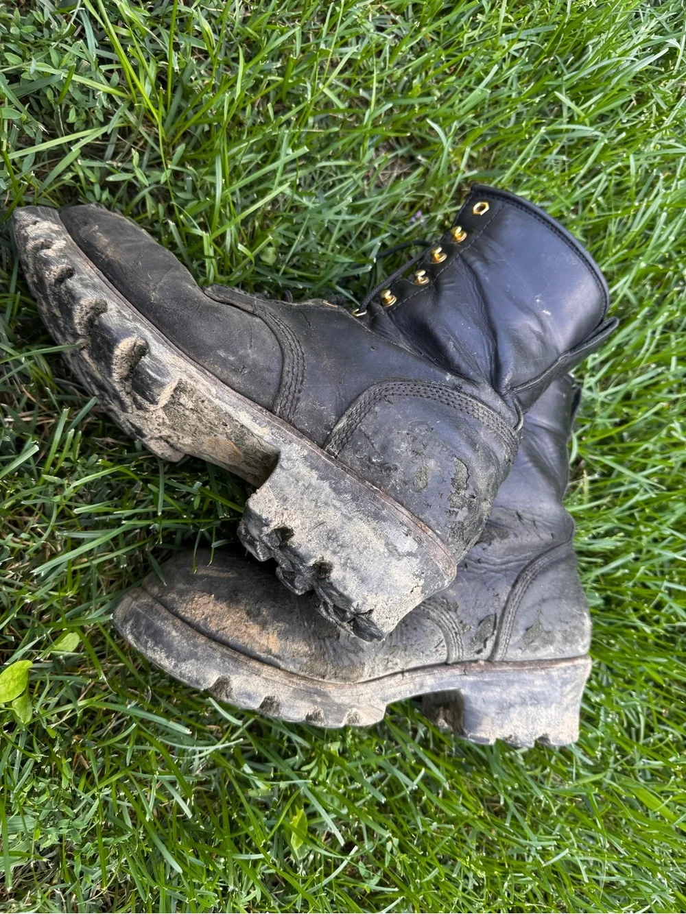 Chippewa Black Leather Work Boots with Maroon Lining